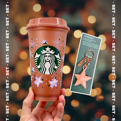 Set Vaso Reusable Rose Gold + Pink Star Rose Gold Keychain x Starbucks