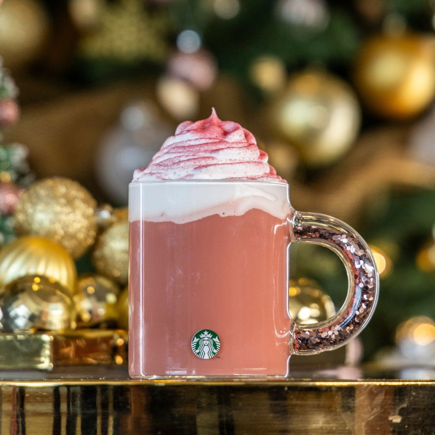 Taza de cristal con asa de confetti oro rosa x Starbucks